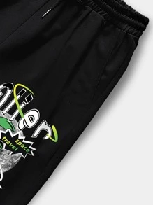 ROMWE MEN Cyber Luvr 男士字母和卡通圖案短褲 - 黑色 - 查看 4