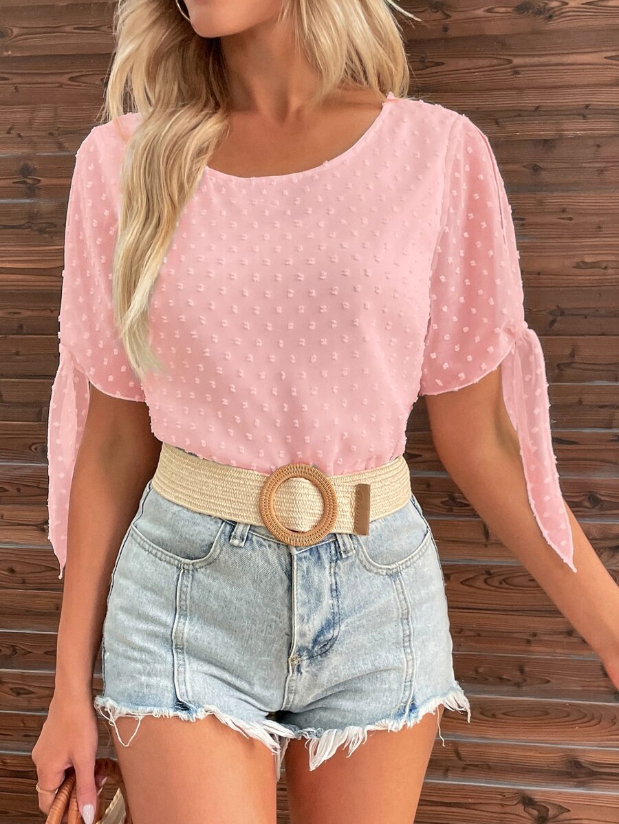 SHEIN Privé Swiss Dot Knot Cuff Blouse - Baby Pink - View 1