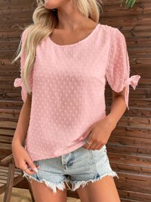 SHEIN Privé Swiss Dot Knot Cuff Blouse - Baby Pink - View 6