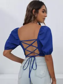 Chiquease Lace Up Backless Puff Sleeve Crop Blouse - Royal Blue - View 1