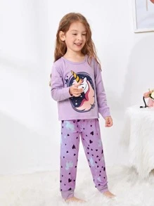 Toddler Girls Unicorn And Heart Print PJ Set - Lilac Purple - View 1