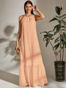 Breezaya Đầm Viên lá sen Buộc lại Tranh thêu màu trơn Boho - Màu be - Xem 3