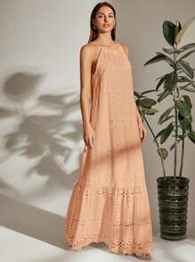 Breezaya Đầm Viên lá sen Buộc lại Tranh thêu màu trơn Boho - Màu be - Xem 4