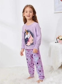 Toddler Girls Unicorn And Heart Print PJ Set - Lilac Purple - View 5