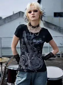 ROMWE Grunge Punk 字母吉他图案 T 恤，学校 - 黑色 - 查看 1