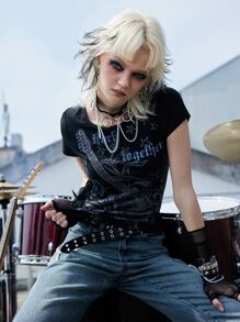 ROMWE Grunge Punk 字母吉他图案 T 恤，学校 - 黑色 - 查看 2