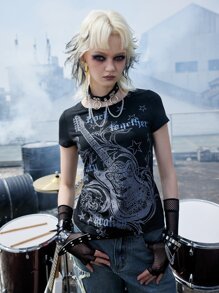 ROMWE Grunge Punk 字母吉他图案 T 恤，学校 - 黑色 - 查看 4