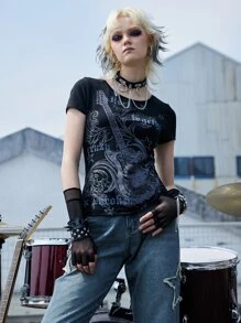 ROMWE Grunge Punk 字母吉他图案 T 恤，学校 - 黑色 - 查看 5