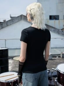 ROMWE Grunge Punk 字母吉他图案 T 恤，学校 - 黑色 - 查看 6