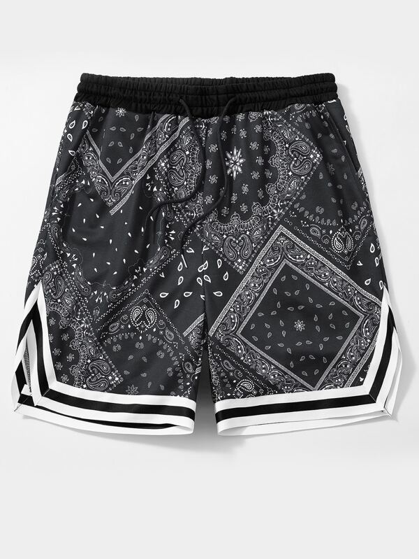 Manfinity Sporsity Loose Fit Men's Paisley Print Striped Drawstring Waist Shorts Pattern Graphic Boyfriend Gift