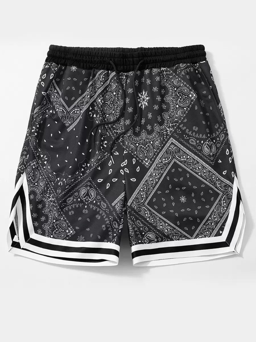 Manfinity Campus Court Loose Fit Men's Paisley Print Striped Drawstring Waist Shorts Pattern Graphic Boyfriend Gift - Black and White - View 1