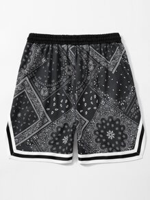Manfinity Campus Court Loose Fit Men's Paisley Print Striped Drawstring Waist Shorts Pattern Graphic Boyfriend Gift - Black and White - View 2