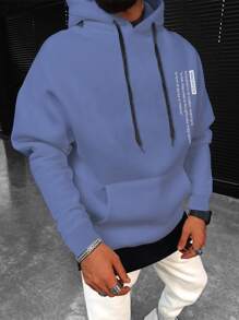 Manfinity Homme Men Slogan Graphic Kangaroo Pocket Drawstring Thermal Hoodie - Dusty Blue - View 1