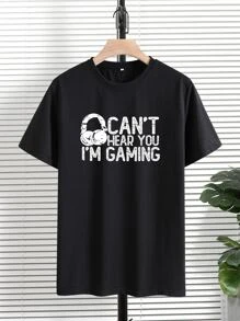 Manfinity Hombres Camiseta con estampado de slogan - Negro - Ver 1