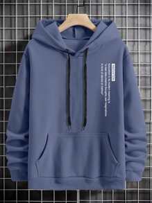 Manfinity Homme Men Slogan Graphic Kangaroo Pocket Drawstring Thermal Hoodie - Dusty Blue - View 5