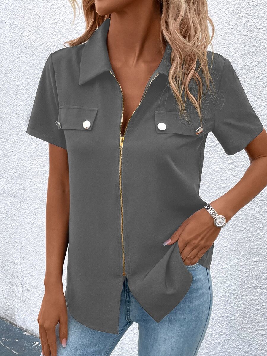 SHEIN LUNE 翻蓋細節拉鏈開襟襯衫 - 灰色 - 查看 1