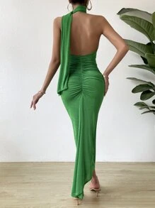 SHEIN Privé 素色褶邊繞頸露背緊身連衣裙 - 綠色 - 查看 2