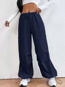 SHEIN EZwear Drawstring Waist Parachute Trousers - Navy Blue - View 5