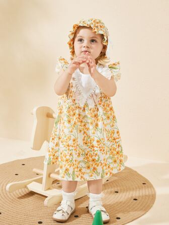 嬰兒印花荷葉邊連衣裙帶配件帽