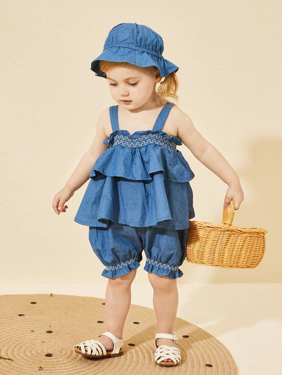 Baby Girl Summer Romper Suit For Newborn Baby Girls, Denim Jumpsuit Outfit - Blue - View 1