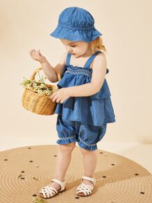 Baby Girl Summer Romper Suit For Newborn Baby Girls, Denim Jumpsuit Outfit - Blue - View 3
