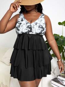 SHEIN Swim Curve Vestido de playa de verano con esmirriado de volantes en el bajo, talla grande, efecto tie-dye - Negro - Ver 1