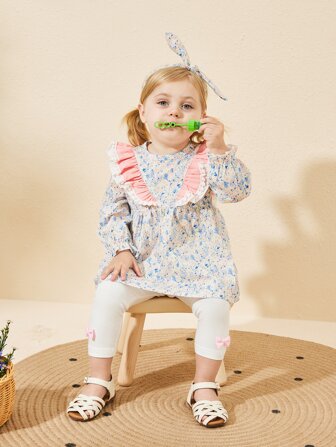 時尚長袖女嬰服裝和配套顏色髮帶