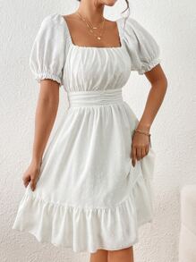 Chiquease Vestido lechero estilo campesino con mangas abullonadas y dobladillo con ribete de volantes de punto suizo - Blanco - Ver 1