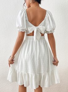 Chiquease Vestido lechero estilo campesino con mangas abullonadas y dobladillo con ribete de volantes de punto suizo - Blanco - Ver 2