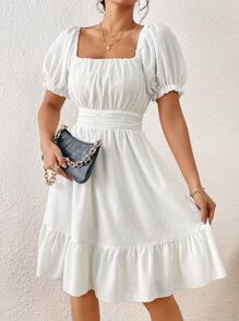 Chiquease Vestido lechero estilo campesino con mangas abullonadas y dobladillo con ribete de volantes de punto suizo - Blanco - Ver 4