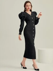 Modelyn Vestido de manga gigot con botón delantero - Negro - Ver 5