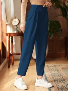 SHEIN Frenchy Fold Pleated Detail Cropped Corduroy Trousers - Navy Blue - View 1