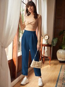 SHEIN Frenchy Fold Pleated Detail Cropped Corduroy Trousers - Navy Blue - View 4