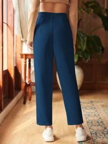 SHEIN Frenchy Fold Pleated Detail Cropped Corduroy Trousers - Navy Blue - View 5