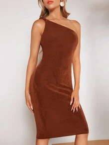 SHEIN Belle 單肩緊身連衣裙 - 鏽棕色 - 查看 3