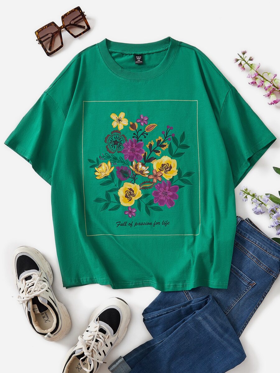 Dreamara Plus Floral Print Drop Shoulder Tee - Green - View 1