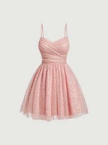 SHEIN MOD Contrast Sequin Decor Ruched Mesh Overlay Cami Dress - Coral Pink - View 1