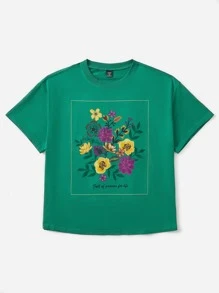 Dreamara Plus Floral Print Drop Shoulder Tee - Green - View 3
