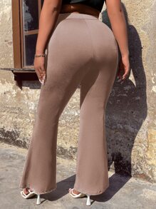 Calvaya Plus Button Detail Flare Leg Trousers - Khaki - View 2