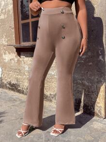 Calvaya Plus Button Detail Flare Leg Trousers - Khaki - View 3