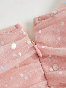 SHEIN MOD Contrast Sequin Decor Ruched Mesh Overlay Cami Dress - Coral Pink - View 3