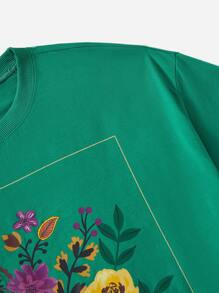 Dreamara Plus Floral Print Drop Shoulder Tee - Green - View 5