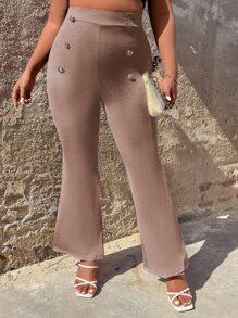 Calvaya Plus Button Detail Flare Leg Trousers - Khaki - View 5