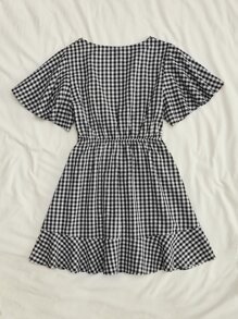 SHEIN Privé 格子圖案前打結荷葉邊連衣裙 - 黑與白 - 查看 2