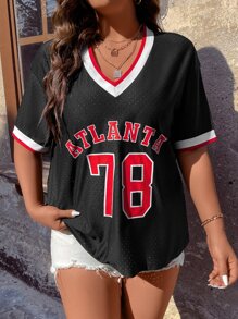 Flirla Plus Letter Graphic Contrast Trim Tee - Black - View 1