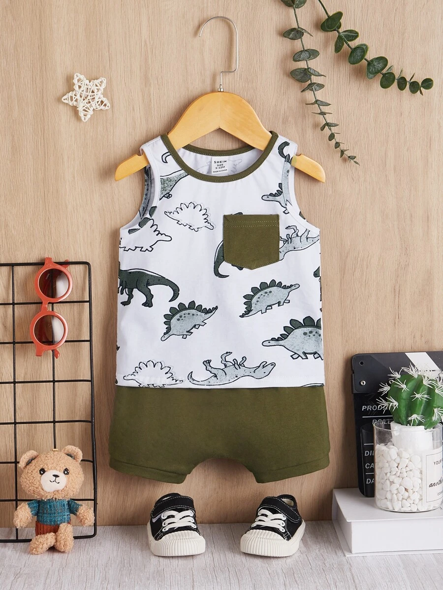 SHEIN Baby Boy Dinosaur Print Patched Pocket Tank Top & Shorts - Multicolor - View 1