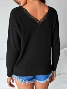EURMUSE Eyelash Lace Trim Drop Shoulder Sweater - Black - View 2