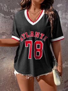 Flirla Plus Letter Graphic Contrast Trim Tee - Black - View 6