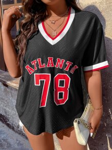 Flirla Plus Letter Graphic Contrast Trim Tee - Black - View 7