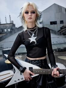 ROMWE Grunge Punk Tops de mujeres Bordado Transparente Geométrico Sexy - Negro - Ver 1